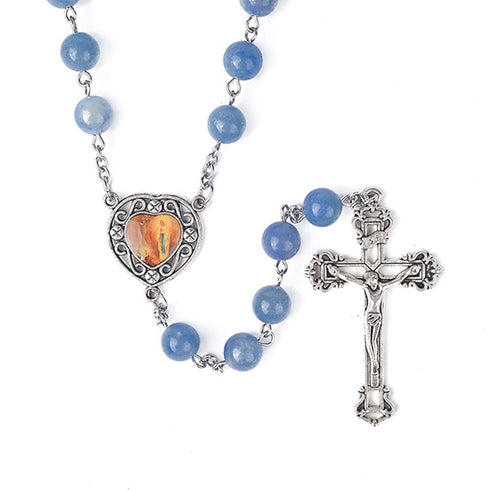 Blue stone rosary with a heart-shaped center piece and crucifix on a white background