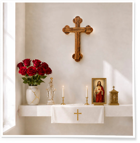 Altar with religious items including a cross, candles, and a portrait on a white wall.
