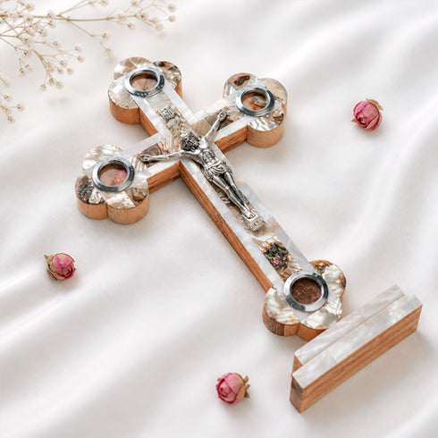 olive wood crucifix with mother of pearl decor, Four Elements and a silver corpus figure.