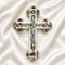 Budded olive wood cross with corpus, mother of pearl, Four Holy Land Elements on a white backdrop.