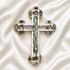 Budded olive wood cross with corpus, mother of pearl, Four Holy Land Elements on a white backdrop.