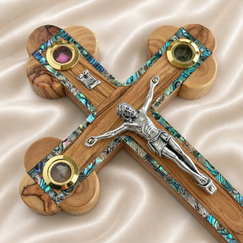 Olive Wood Budded Crucifix with Four Holy Elements