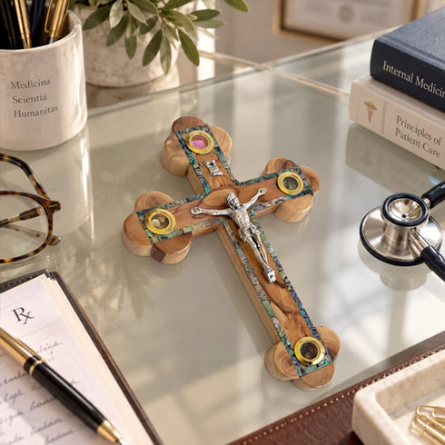 Olive Wood Budded Crucifix with Four Holy Elements