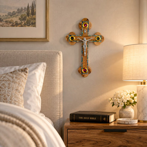 Olive Wood Budded Crucifix with Four Holy Elements