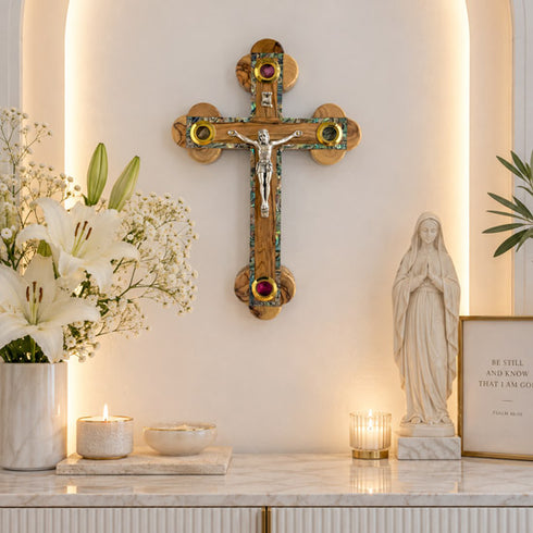 Olive Wood Budded Crucifix with Four Holy Elements