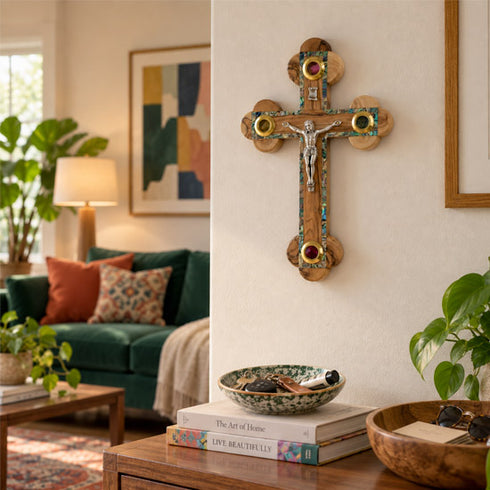 Olive Wood Budded Crucifix with Four Holy Elements