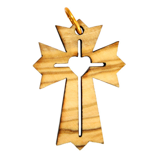 Olive wood cross pendant with a heart cutout on a white background