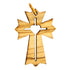 Olive wood cross pendant with a heart cutout on a white background