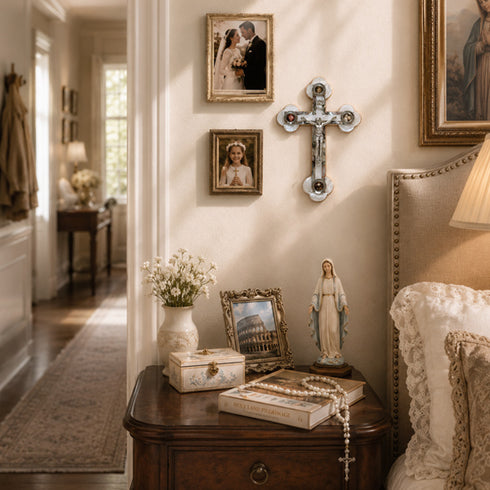 Niche with religious items including a cross, statues, and books in a home setting.