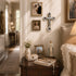 Niche with religious items including a cross, statues, and books in a home setting.