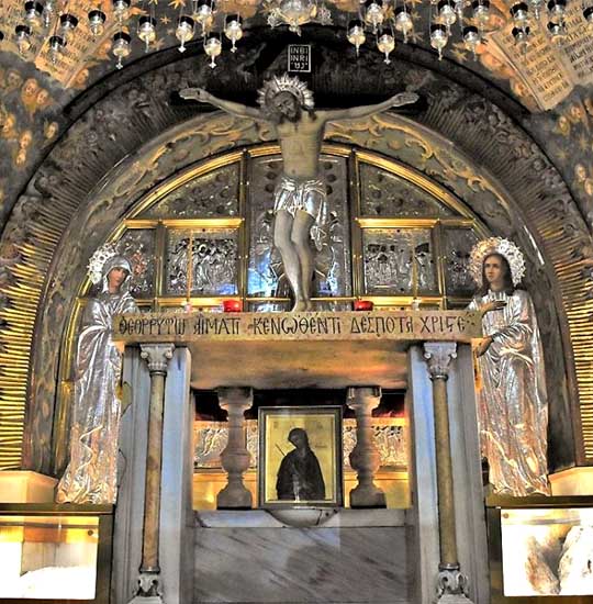 The chapel of Golgotha and the rock where Jesus was believed to have been crucified.