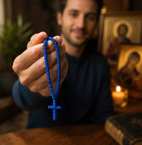Man holding a blue Prayer Rope in front of a religious icon and candle