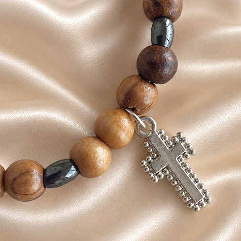 Christian Cross Bracelet with Olive Wood & Hematite