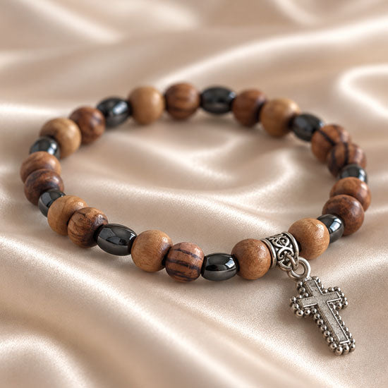 Christian Cross Bracelet with Olive Wood & Hematite