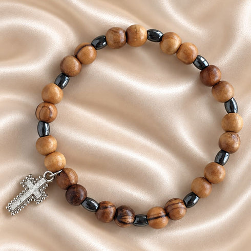 Christian Cross Bracelet with Olive Wood & Hematite