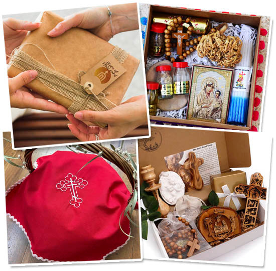 Collage of four images showcasing Christian gift bundles and boxes