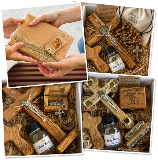 Collage of four images showcasing Christian gift bundles and boxes