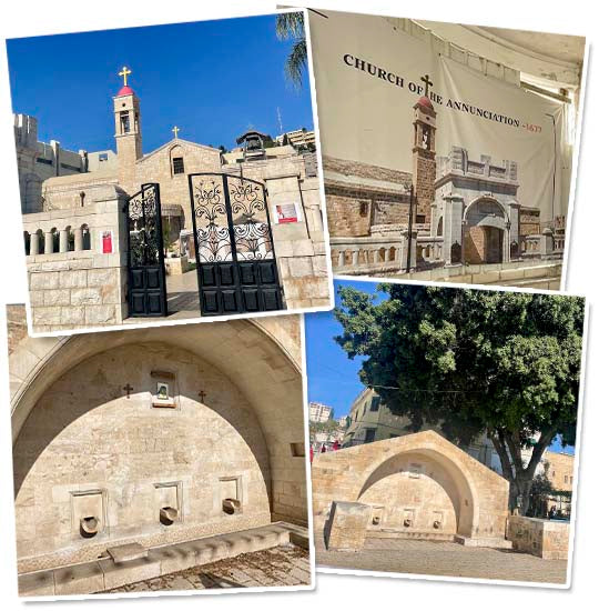 Collage of four images of the Church of the Annunciation in Nazareth on a sunny day.