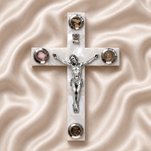 Olive wood Latin cross with crucifix, white Mother of Pearl inlay and Four Elements capsules, on a clean white surface.