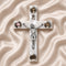 Olive wood Latin cross with crucifix, white Mother of Pearl inlay and Four Elements capsules, on a clean white surface.