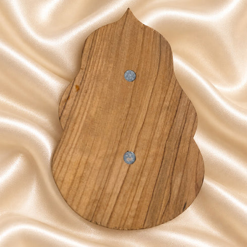 Back view of a Divine Mercy olive wood holy water font showing the natural wood grain and hanger