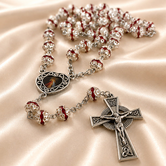 Divine Mercy Rosary with Red Crystal Filigree Beads