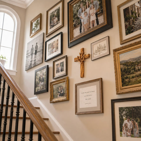 Stairwell with a wall displaying various framed photographs and a cross.