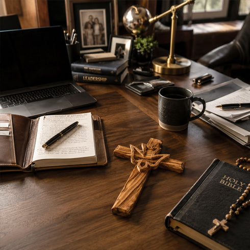 Wooden desk with a laptop, books, a mug, and religious items including a cross and Holy Bible.