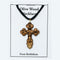 Olive wood crucifix necklace on a card with text 'Olive Wood Necklace' and 'From Bethlehem'.