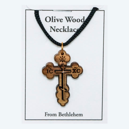 Olive Wood Necklace with cross pendant on a white card, labeled 'From Bethlehem'.