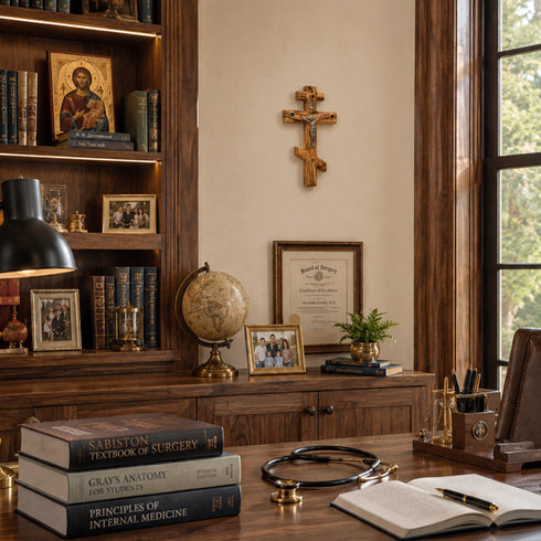 Home office with bookshelf, desk, and wall decor