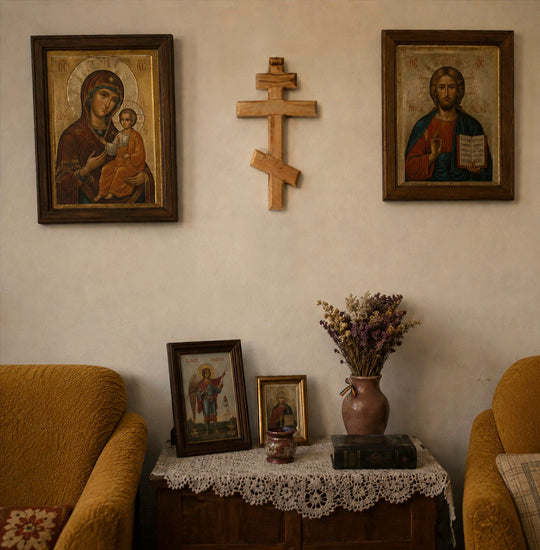 Wall with religious artwork including icons and a cross, with a table holding flowers and books in the foreground.