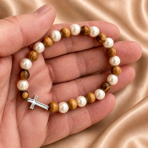 First Communion Olive Wood Bracelet with Pearlescent Beads & Cross