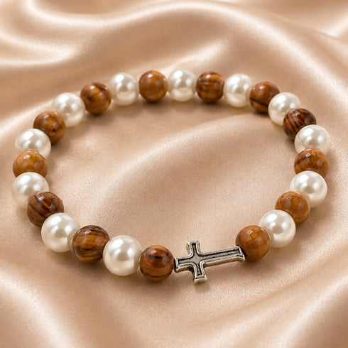 First Communion Olive Wood Bracelet with Pearlescent Beads & Cross