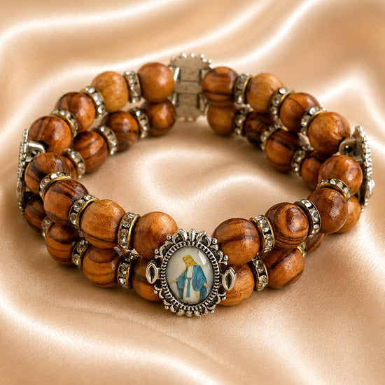 Olive Wood Double-Strand Bracelet with Four Catholic Medals