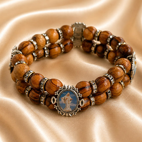 Olive Wood Double-Strand Bracelet with Four Catholic Medals