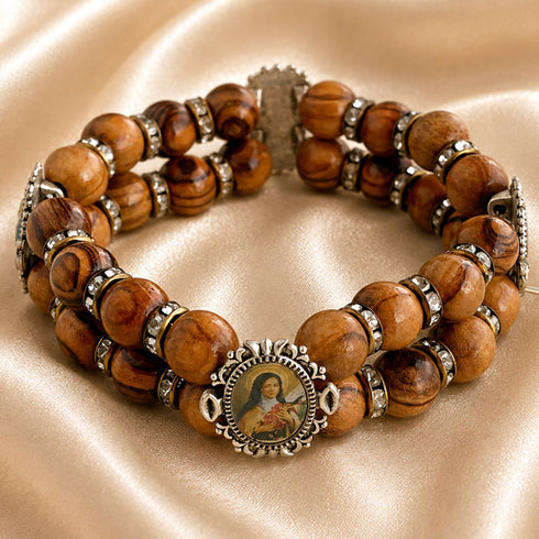 Olive Wood Double-Strand Bracelet with Four Catholic Medals