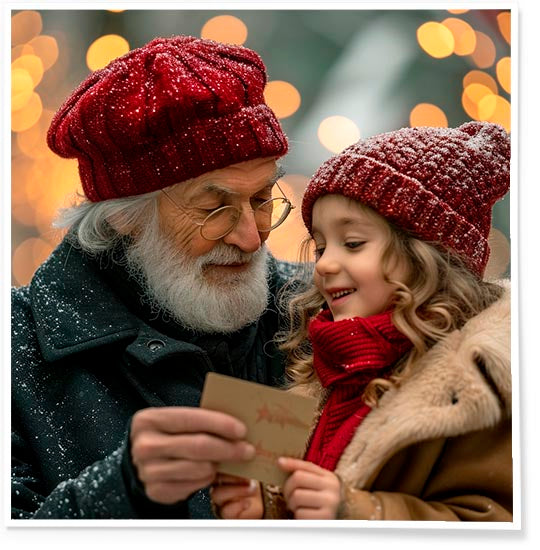 Well dressed grandfather in glasses, white beard and red cap, giving a gift card to a little girl in red.