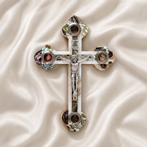 Budded olive wood cross with white mother of pearl inlay, silver crucifix, and the Four sacred elements.