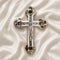 Budded olive wood cross with white mother of pearl inlay, silver crucifix, and the Four sacred elements.