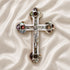 Budded olive wood cross with white mother of pearl inlay, silver crucifix, and the Four sacred elements.