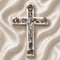 Hand-carved Latin cross made of olive wood, with mother of pearl inlay, a crucifix, and the four sacred elements