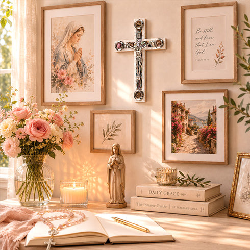 Decorative wall with religious-themed artwork, cross, and flowers in a home setting.