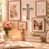 Decorative wall with religious-themed artwork, cross, and flowers in a home setting.