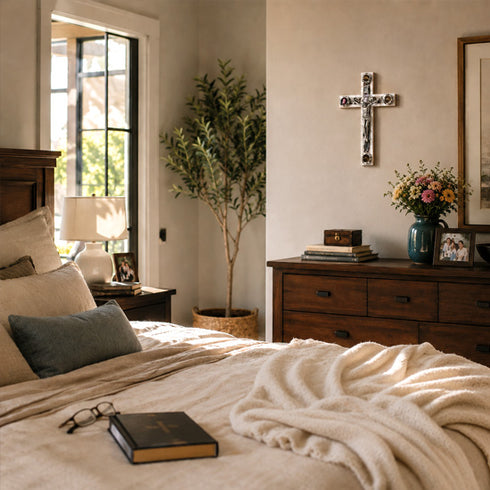 Cozy bedroom with bed, dresser, and decor elements