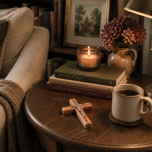 Candle, books, cross, and coffee cup on a wooden table with a cozy living room setting.
