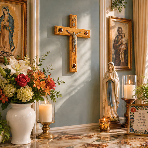 Decorative setting with religious statues, cross, flowers, and candles on a marble surface.