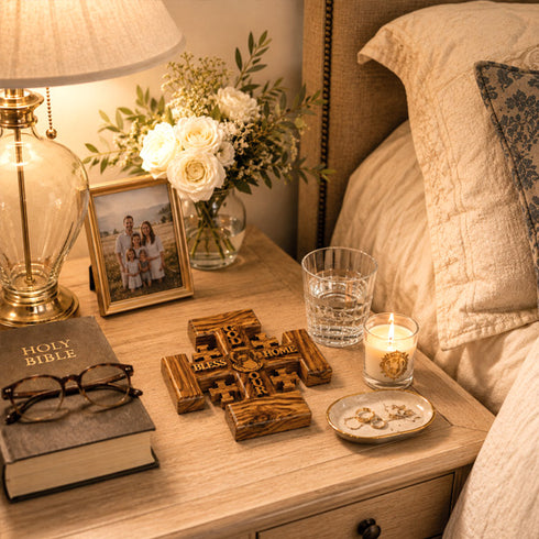 Nighstand with a Bible, glasses, wooden cross, photo frame, and candle.