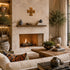 Cozy living room with fireplace, decorative elements, and a warm ambiance.