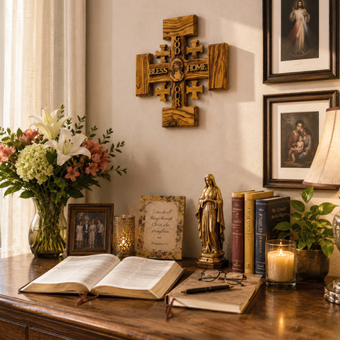 Decorative table with books, candles, flowers, and religious items on a wooden surface.